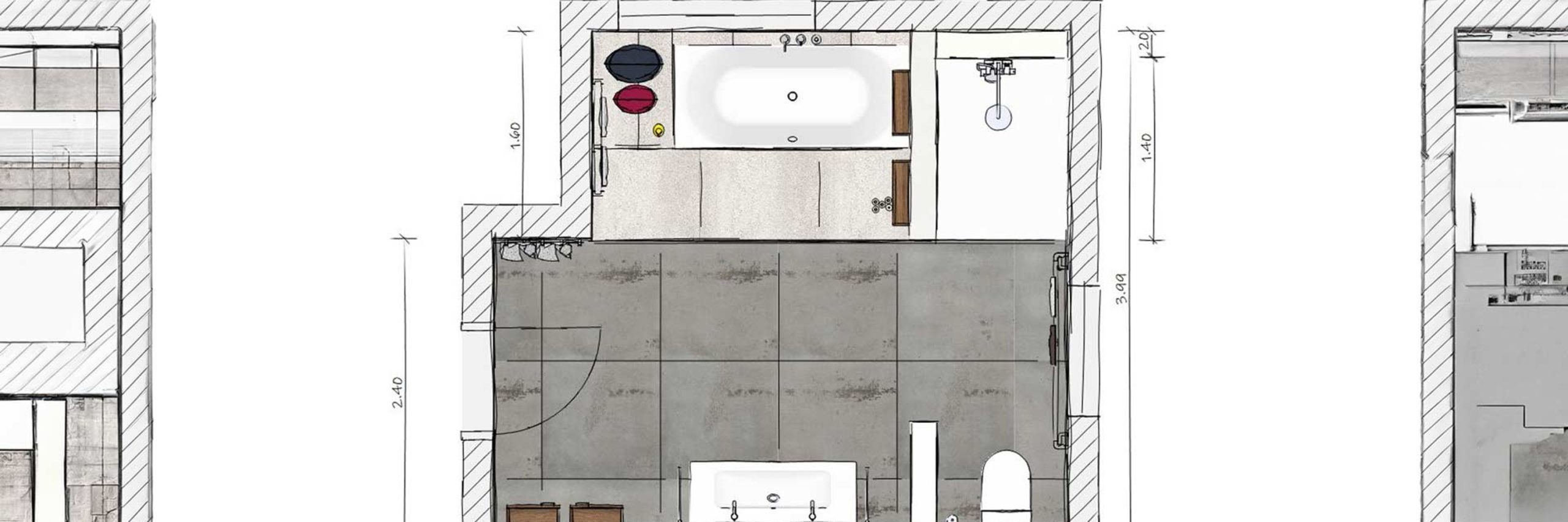 Plano de distribución de baño con medidas anotadas y posición de sanitarios marcada