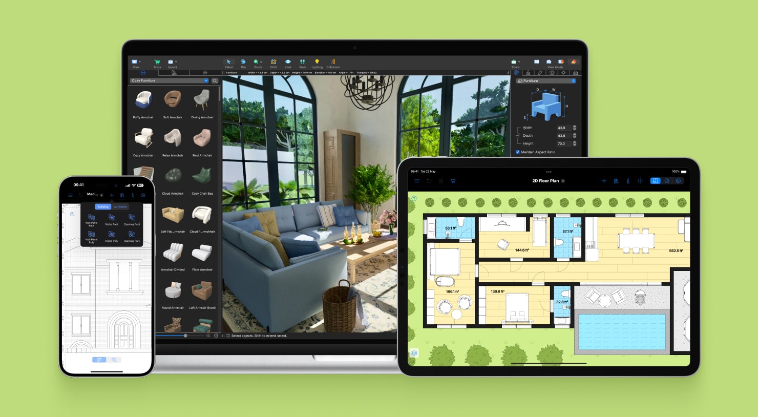 Software de diseño 3D mostrando plano isométrico de vivienda unifamiliar