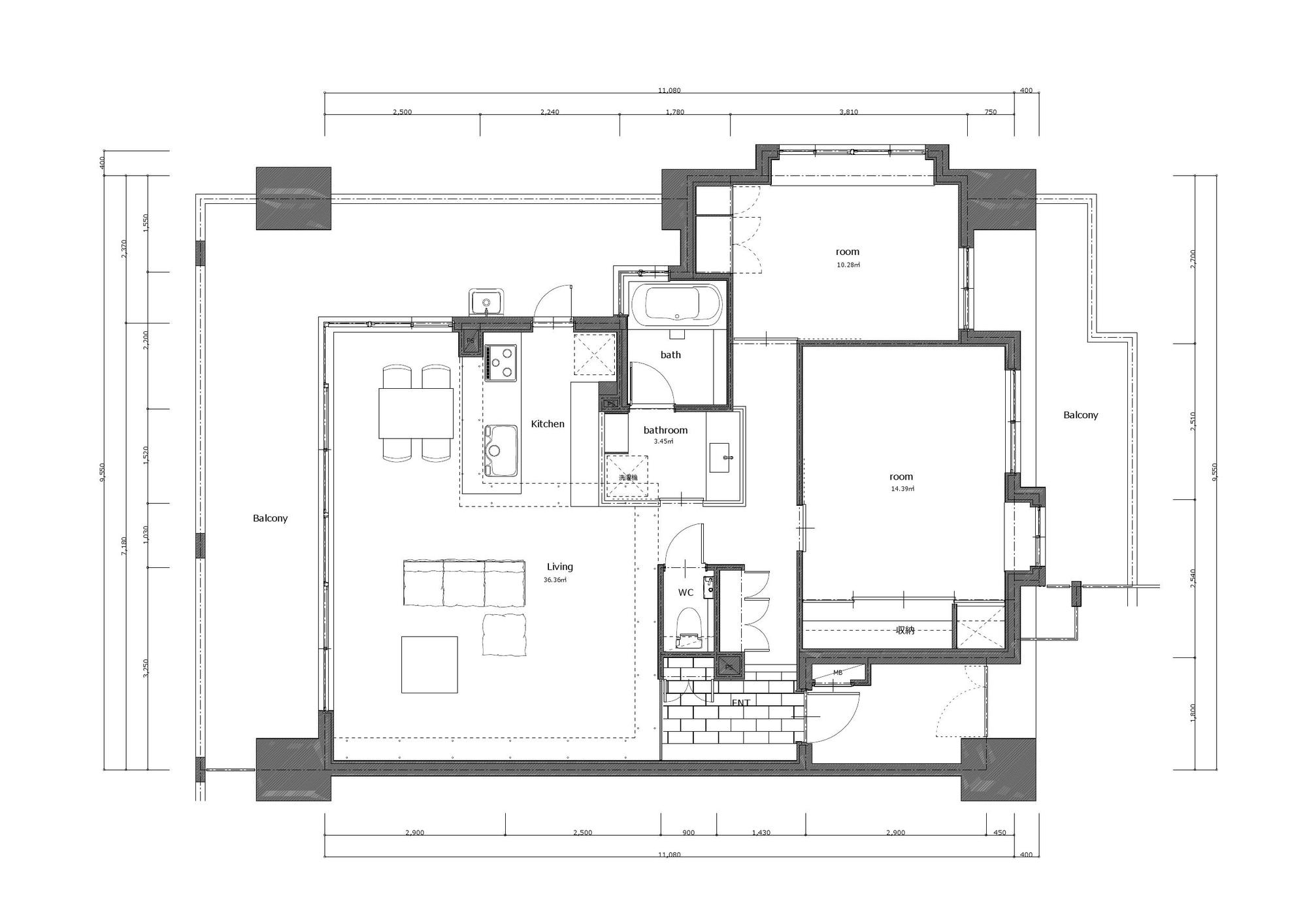 Plano técnico de planta de vivienda con cotas e instalaciones para expediente de reforma