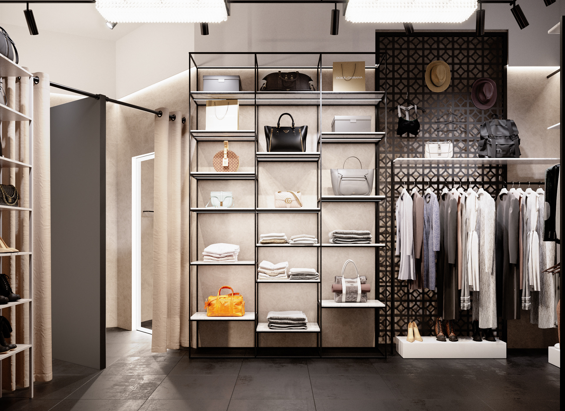Vista general de tienda de moda moderna con diseño retail optimizado