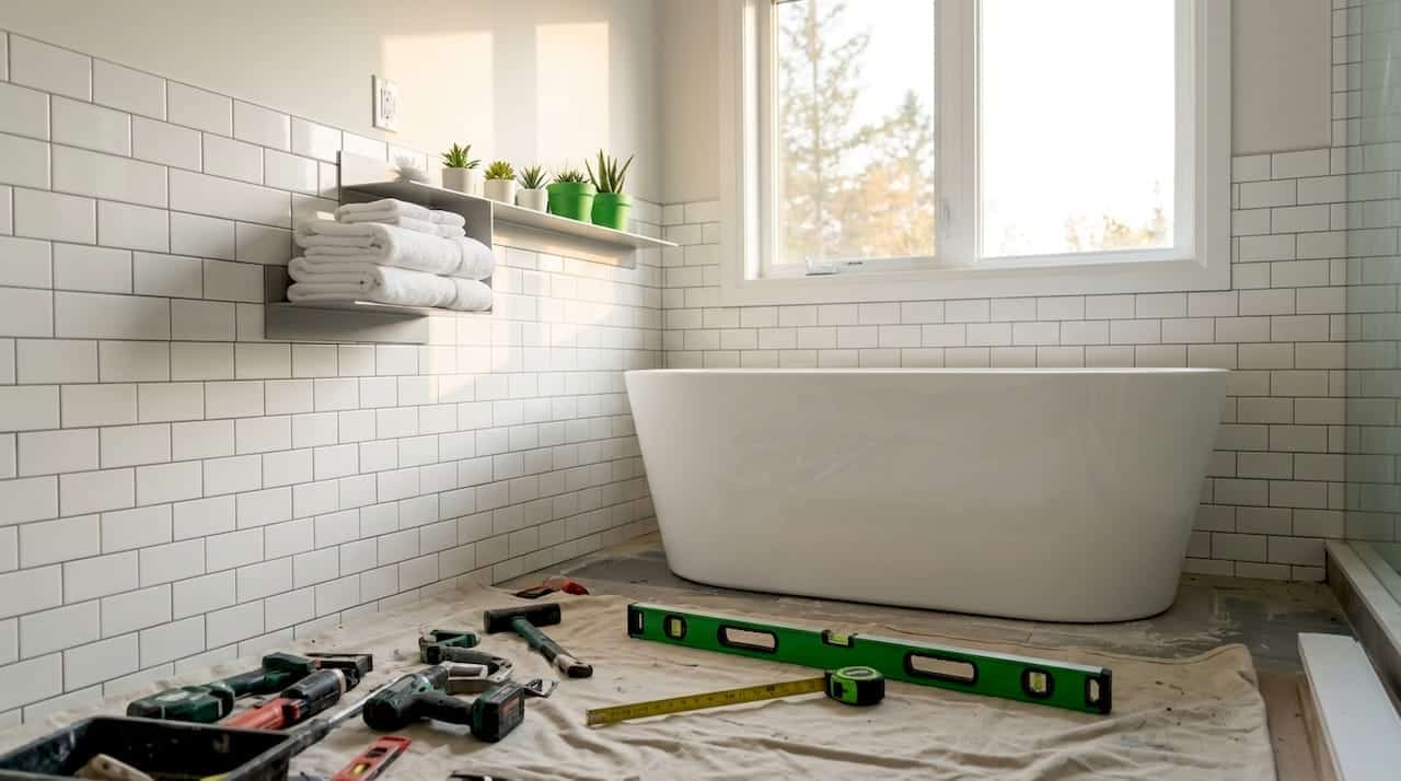 Baño en obra con solera preparada bajante nueva y herramientas de reforma