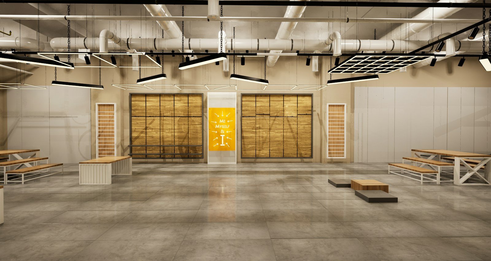 Interior de espacio comercial vacío en fase de obra con instalaciones vistas